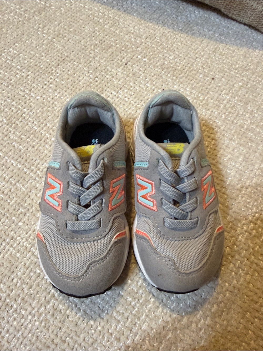 New Balance Kids Gray Sneakers with Coral and Mint Accents